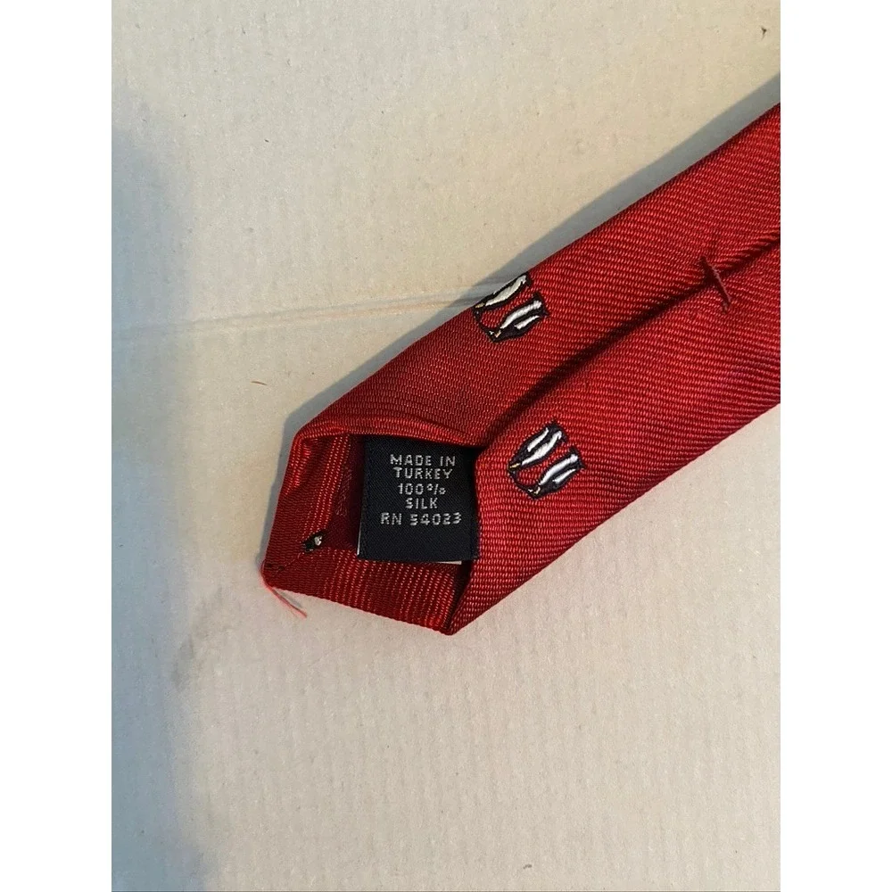 Banana Republic Mens Red Silk Necktie Penguin Animal Print Embroidered Turkey